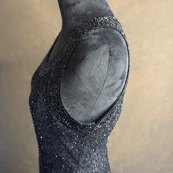 Laurence Kazar Silk Beaded Evening Shell Top Long Black Embellished Size M - Picture 8 of 13